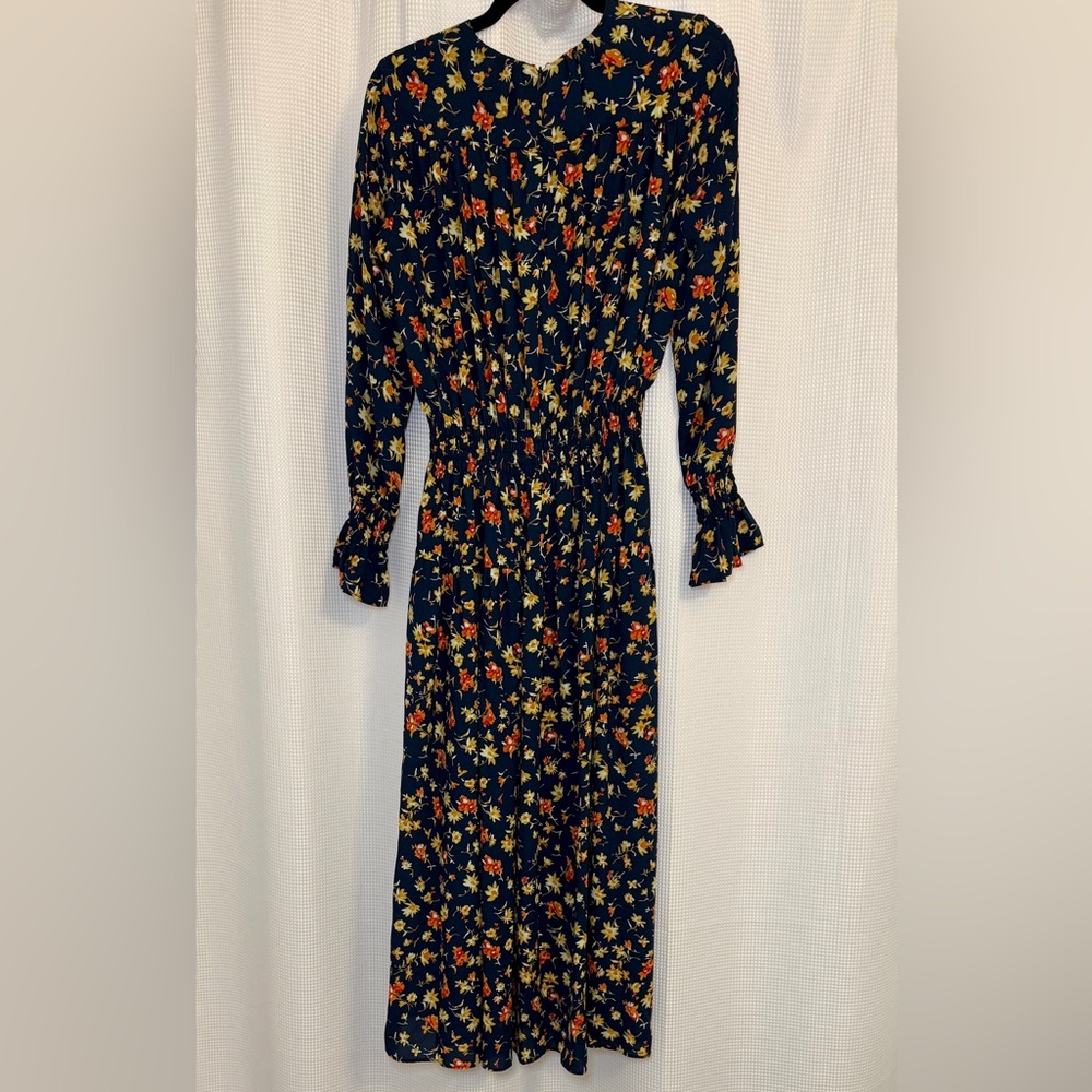 Whistles Navy Floral Smocked Waist Midi Dress Long Sleeve Ruffle Cuff - Picture 3 of 7